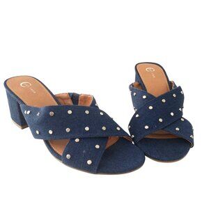 Cato Heeled Sandals Blue Denim Silver Studs Criss Cross Open Toe